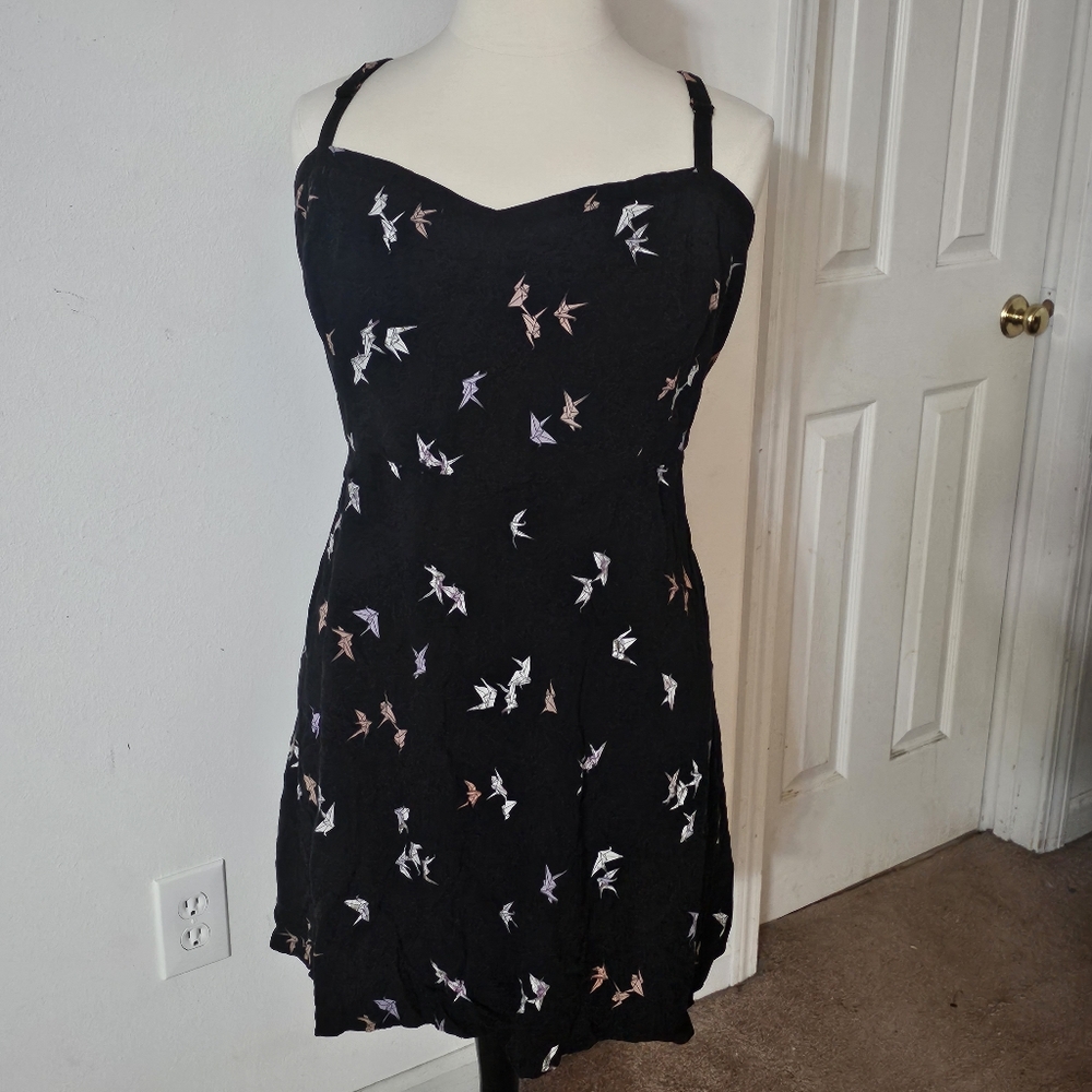 Black Spaghetti-Strap Dress with Pastel Bird Print